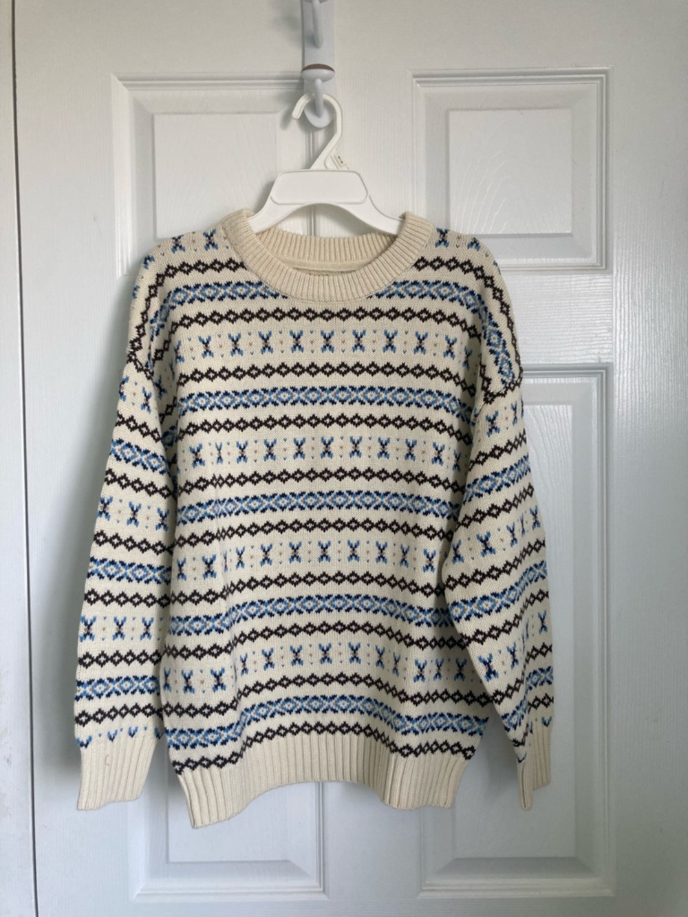 Roots Cream Fair Isle Crewneck Sweater with Blue & Brown Accents